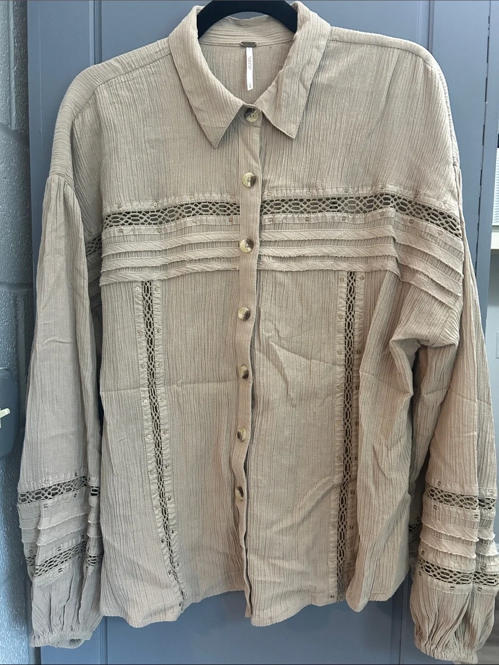 Free People Woven Cotton Gauze Lace-Trim Button Front Shirt - Beige/Tan/Brown L